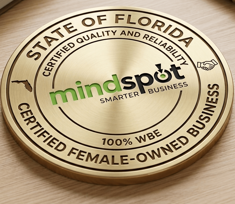 Official State of Florida Certified Female Owned Business badge featuring the green and black mindspot logo with tagline.